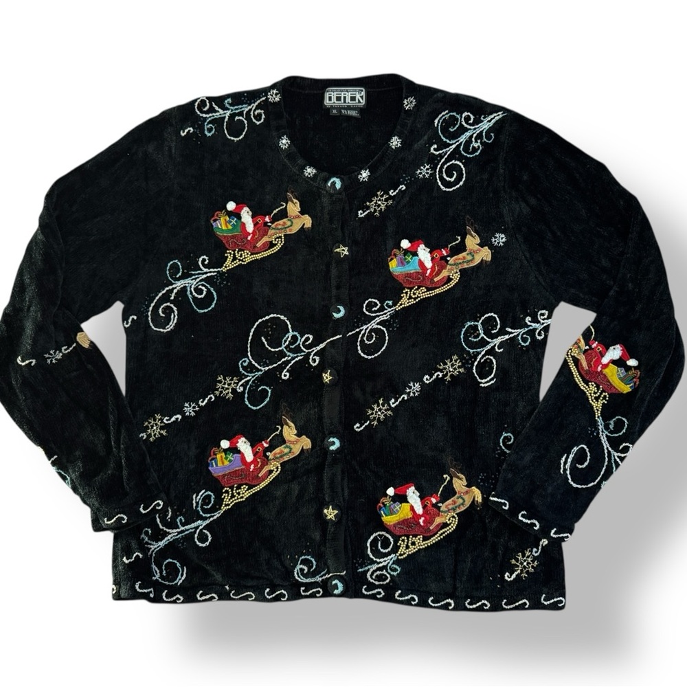 Christmas Cardigan Santa Black Chenille Velvet Knit Beaded Embroidered
